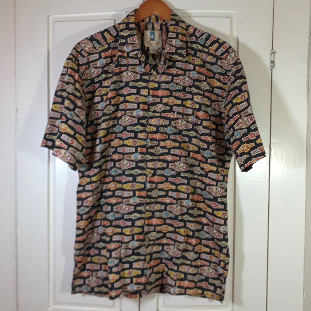 Kahala Mens Black‎ Cigar Band Print Cotton Hawaiian Aloha Shirt Medium Hawaii